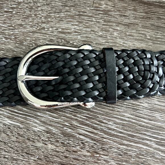 EUC Michael Kors Black Braided Leather Belt Silver Buckle Medium Classic Chic MK - Picture 9 of 13